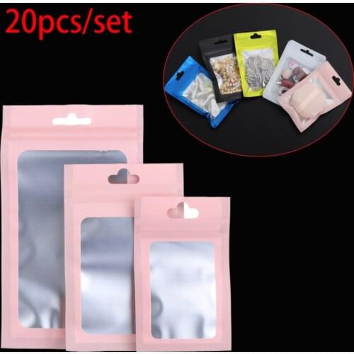 20Pcs/Pack Matte Zip Plastic Bag with Hang Hole Colorful Aluminum Foil Hologram Waterproof Food Pouch Grocery Packaging Bag