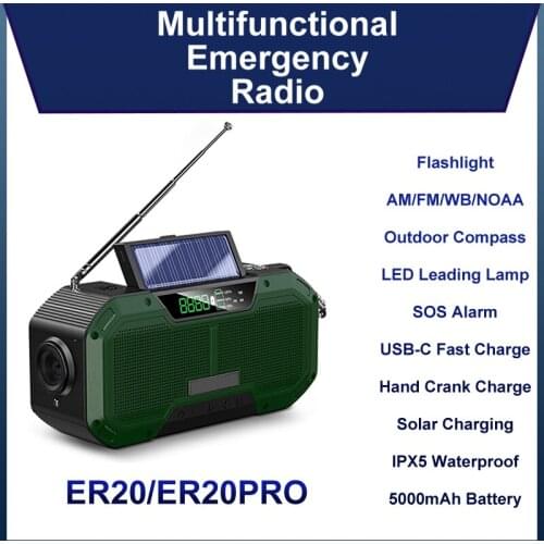 2021 Multifunctional Emergency Radio Portable FM/AM Radios 5000mAh IPX5 Waterproof Hand Crank Solar USB Power Bank SOS Alarm
