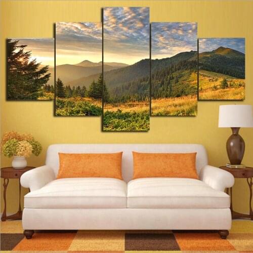 5PCS HD Printmaking Living Room Decoration Sunset Mountain Cloud Green Natural Landscape Poster Modular Wall Art Frameless