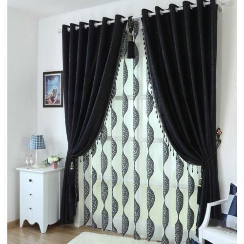 Black Eco-friendly Solid Plain Cloth Blackout Golden Curtains for Living Room With Beads fringes Pompom