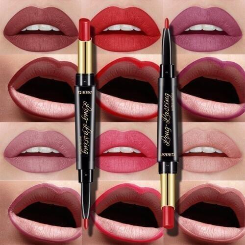 Qibest dual ended lipstick pencil with lipliner 15 colors sexy red nude brown lips waterproof long lasting matte lipstick QB004