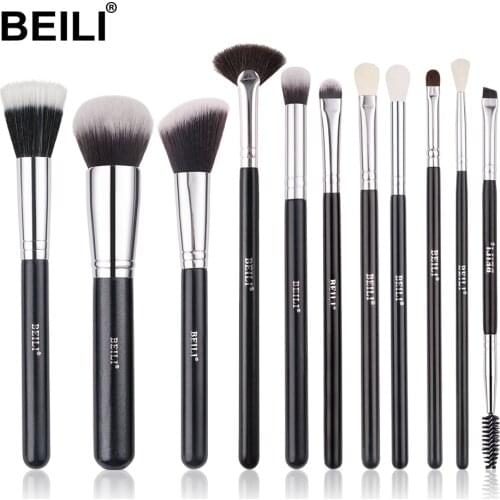 BEILI 11 Pcs Makeup Brushes Foundation Eyeshdow Brow Liner Concealer Blush Black High Quality Travel Make Up Brush Set Goat Hair