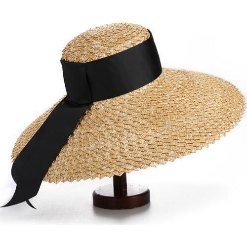 Summer Women Casual Wide Brim Raffia Straw Hat Adult Lady Black Ribbon Sun Hat Casqueete Outdoor 100% Handmade Beach Hat Caps