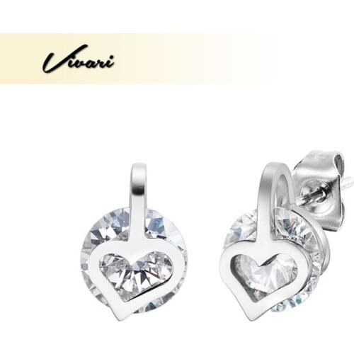 Vivari Trendy Fashion Earrings Metal Earrings For Women Girls Silver Plated Heart With 2Pcs Crystals Stainess Steel