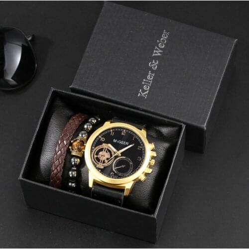 2021 Men Quartz Watch Beaded Bracelet 3Pcs Set Business Leather Wristwatch With Woven Bracelets Gifts Suit for Father Husband