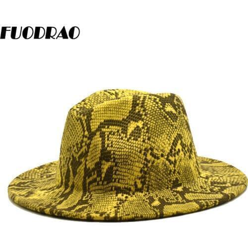 FUODRAO 2020 New Snake Print Women Fedoras Wool Wide Brim Fedora Hats Autumn Winter Jazz Caps Vintage British Cowboy Hat F63