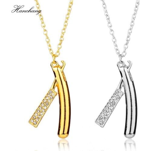 New Arrival Rhinestones Razor Pendant Necklace Hair Dresser Necklace Barber Shop Cosmetologist Tool Jewelry Hairdresser Gift