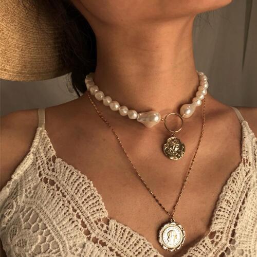 DIEZI Baroque Pearl Vintage Beach Coin Pendant Necklace For Women Fashion Gold Chain Choker Necklace Jewelry