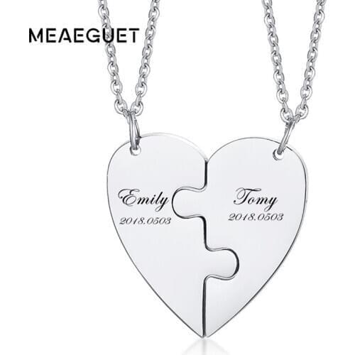 Custom Couples Necklace Personalized Engraving Name Date Stainless Steel Heart Puzzle Friendship 2Piece Valentines Day Collar