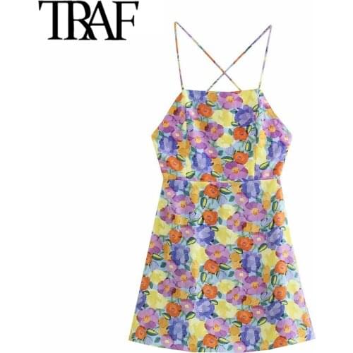 TRAF Women Fashion With Lining Floral Print Mini Dress Vintage Backless Zipper Cross Thin Straps Female Dresses Mujer