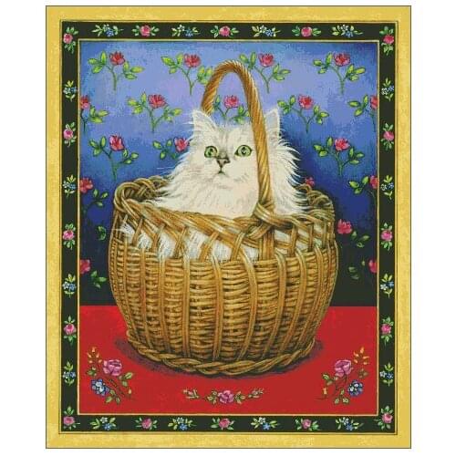 Roses Cat in Basket Cute Cross Stitch Kits Crafts Top Quality Art Embroidery Needlework DIY 14CT Canvas Unprinted Decor Handmade