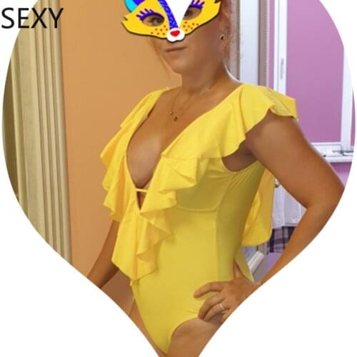 SEXY Deep-V Bikini One Piece Swimsuit Female Women Vintage Retro Bathing Suit Shoulder Ruffle Swimwear Backless Monokini