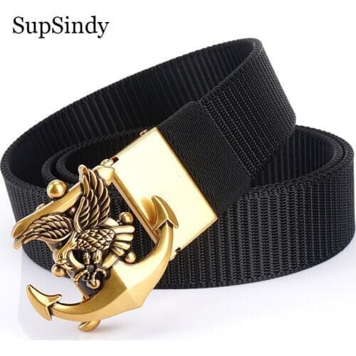SupSindy Mans nylon belt luxury gold Eagle metal automatic buckle Canvas Belts for men fashion jeans Waistband black male strap
