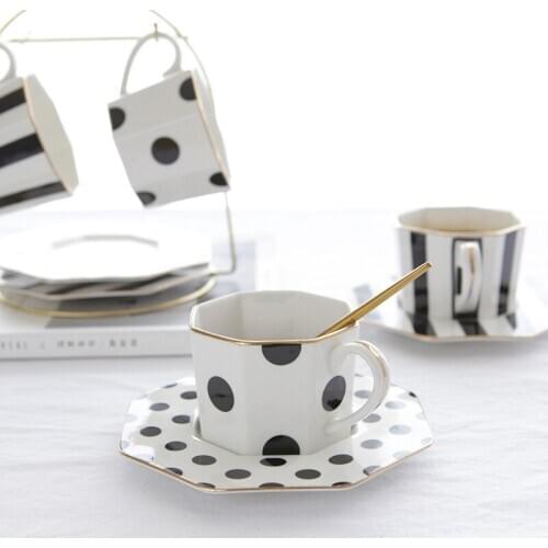 British style 9inch Octagonal Ceramic Plate Black White Dot Stripe Tableware Coffee Plates Dishes Afternoon Tea Set Home Kitchen
