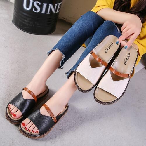 Casual Shoes Woman Slippers Summer New Fashion 2020 Thick Bottom Flat Platform Solid Leather Fish Beach Women Shoes Plus Size