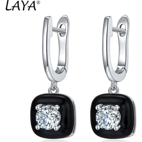 Laya Silver Earrings For Women Pure 925 Sterling Silver Retro Style High Quality Zircon White Black Enamel Fashion Jewelry