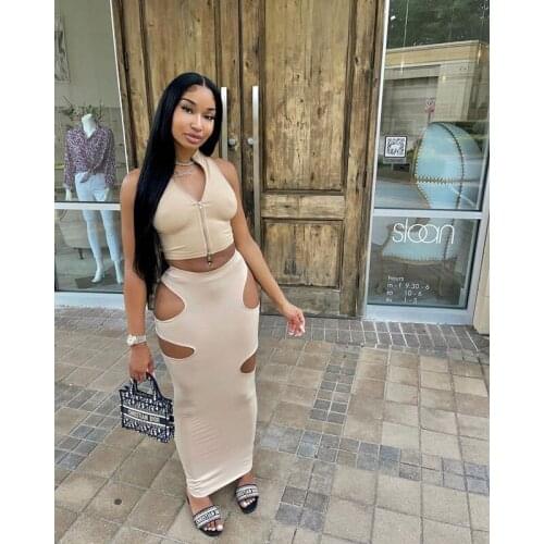 Summer Clothing Black Two Piece Set Women SexyTwo-way Zipper Hole Crop Top+skirt Sets Nightclub Club Outfit Streetwear Wholesale