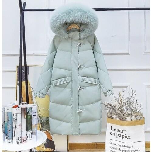 Winter Down Jacket Women 2021 Long Knee Big Real Fur Hooded Hat Elegant Office Lady Temperamental Warm Horn Buckle Zipper Coat