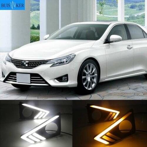 1Pair Car DRL Daytime Running Light For Toyota MARK X REIZ 2013 - 2018 LED Fog Lamp with dynamic Yellow Turn Signal