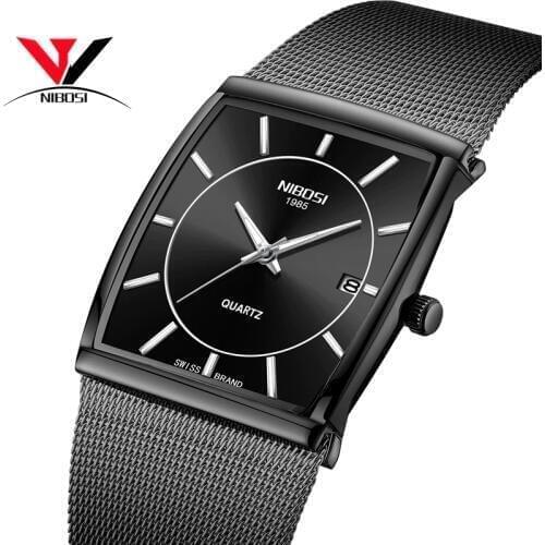 Relojes Hombre 2019 NIBOSI Square Watch For Men Mesh Strap Whole Black Analog Quartz-watch Dress Casual Man Clock With Luminous