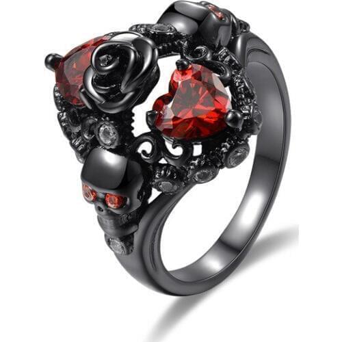 UFOORO Red Heart CZ Black Skull Ring Jewelry Fashion Flower Finger Rings For Women Elegant Engagement Wedding Accessories