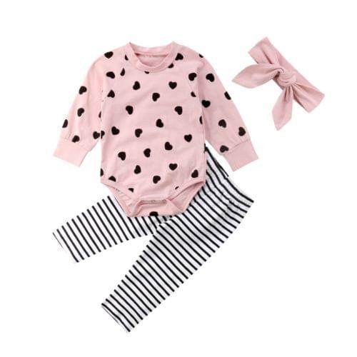 Cute Newborn Baby Girl Outfits Set Cotton Long Sleeve Heart Romper Jumpsuit Leggings Headband Set 0-24M