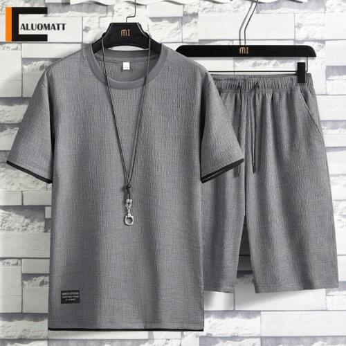 Summer Mens Ice Silk Casual Set Short-sleeved Sportswear Suit Men T-shirt 2 Piece Shorts Chinese Style Linen Thin Male Tracksuit