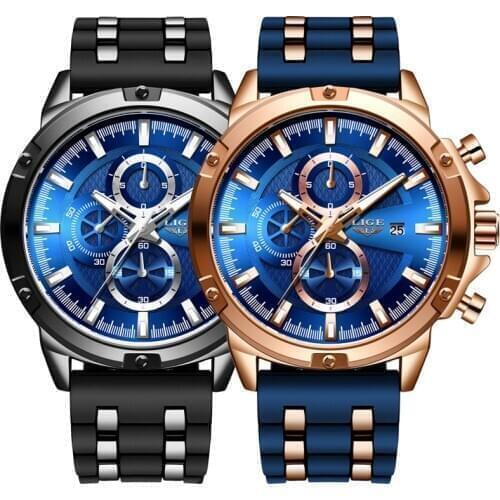 LIGE Mens Watches Top Brand Luxury Military Sport Wristwatch Silicone Strap Waterproof Quartz Watch For Men Relogio Masculino