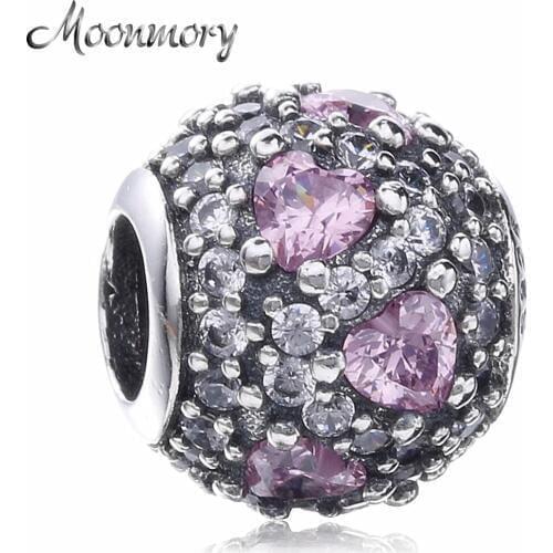 Moonmory Heart Paveball Silver Charm 925 Sterling Silver Bead With Pink And Clear Zircon Fit Brand Bracelet DIY Jewelry