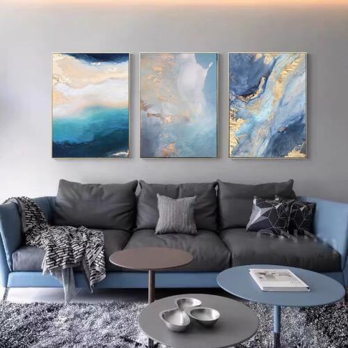 Wall Picture Modern Abstract Blue Marble Gold Foil Blue Color Canvas Painting For Living Room Bedroom Posters Prints Home Decor