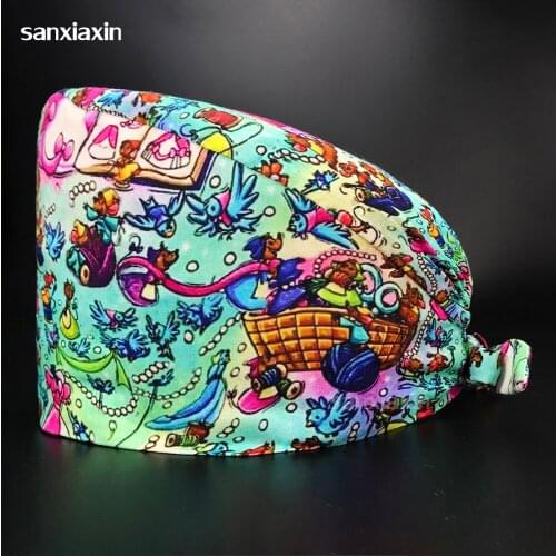 Wholesale Breathable cartoon printing Elastic men and women pet grooming work cap dental hospital nursing hat scrubs cap cotton