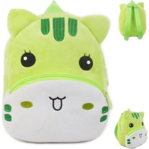 Green Cat Plush Backpack Cute Fashion Cartoon Shoulder Bag Children Kindergarten Toy Boy Girl Zipper Mini Schoolbag