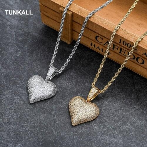TUNKALL Heart Pendant Bling bling Brass Micro pave with CZ stones Necklace Hip Hop jewelry for men and women CN350