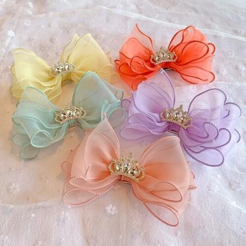 5pcs/lot Sweet Color Mesh Hair Bows for Girls Bling Bling Rhinestone Crown Princess Hairpin Large Bowknot Hair Grip Headwear