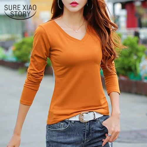 Plus Size Long Sleeve Shirt Women 2020 Autumn New Cotton V-neck Slim T-shirt Casual Slim Solid Korean Office Lady Clothes 10628