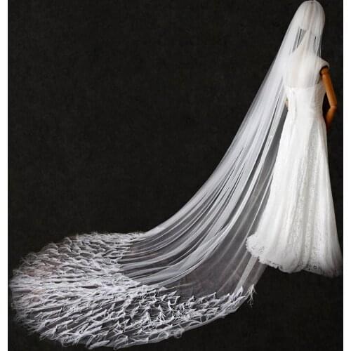 ZMV22 Long Beautiful Cathedral Wedding Veil with Feathers white Ivory Handmade Bride Marriage Tulle for Women Headband with Veil