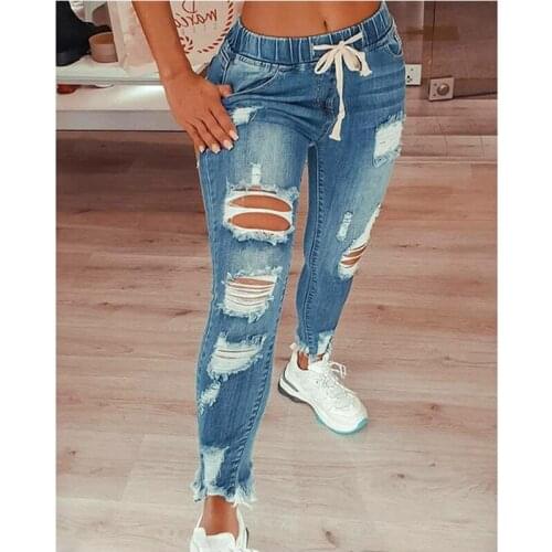 Drawstring Denim Jeans Women Ripped Hole Plus Size 5XL Stretch Jean Ladies Full Length Pencil Pants