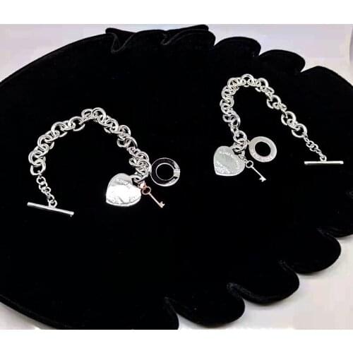 Womens Classic Fashion Heart Small Key Pendant Thick Chain Bracelet S925 Sterling Silver High Quality Exquisite Gift