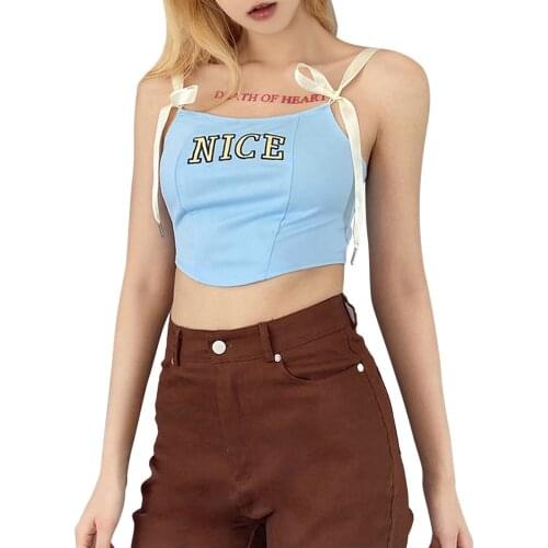 Womens Tops, Sleeveless Lace Up Shoulder Strap Lettering Printed Vest Irregular Hem Camisole for Female