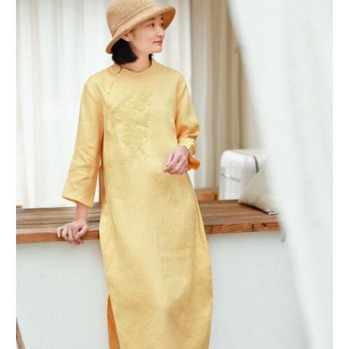 Women Loose Linen Stand Collar Qipao Dress Ladies Vintage Flax Solid Color Cheongsam Dresses Female 2020 Spring Summer Dress