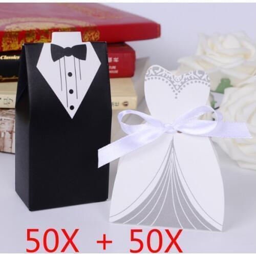 100pcs Bridal Gift Cases Groom Tuxedo Dress Gown Ribbon Wedding Favor Candy Box