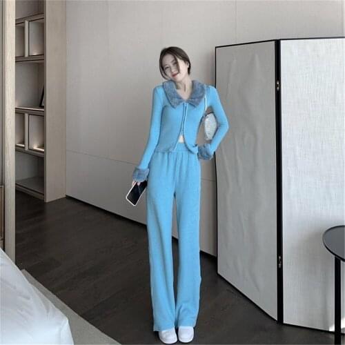 Casual Fashion Blue Faux fur stitching 2pcs Set Autumn Chic Short Zipper Knit Cardigan Jacket Elastic Waist Pant Retro Korean