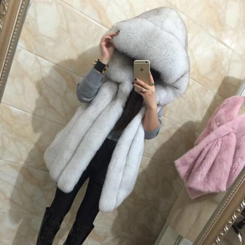 2019 Spring new women hooded fur coat silver fox imitation fur vest plus size ladies fox fur coat