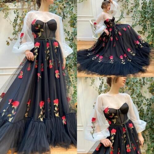 2020 Long Sleeve Evening Dresses Tulle Appliqued A Line Cheap Prom Dress Custom Made Specail Occasion Party Gowns
