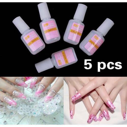 5 x 10g Nail Art Glue Tips Glitter UV Acrylic Rhinestones Decoration With Brush Nail Polish Glue Acrylic Glue