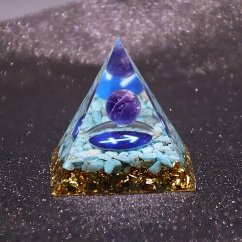 Amethyst Sphere Orgone Pyramid 60mm SAGITTARIUS Geometry Pattern with Turquoise Crystal Stone Zodiac Orgonite EMF Protection