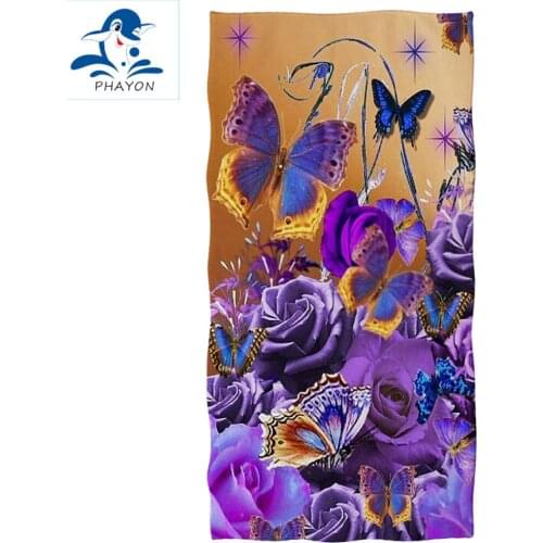Butterfly Printed Microfiber Bath Towel for Adults Purple Rose 75*150cm Soft Breathable Summer Surf Robe Blanket Beach Towel