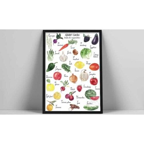 Watercolor Vegetables Food Prints Canvas Painting alphabet with Fruits ABC Digital Posters Kitchen Kids Room Wall Decor Nursery