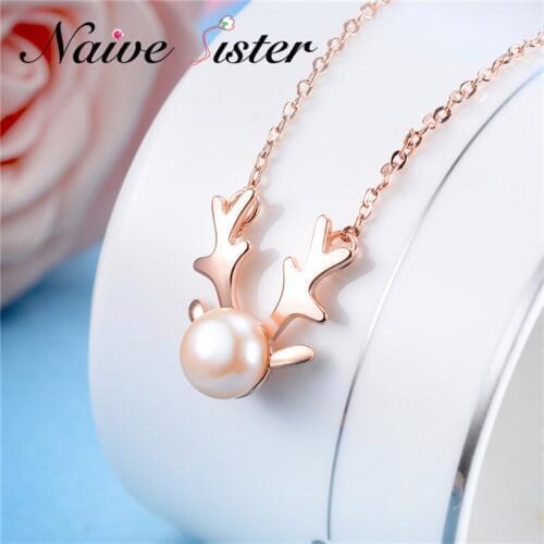 Fashion Christmas Gifts Elk Pendant Necklaces For Women Fresh Water Pearl Silver Color Link Chain Statement Necklace Jewelry
