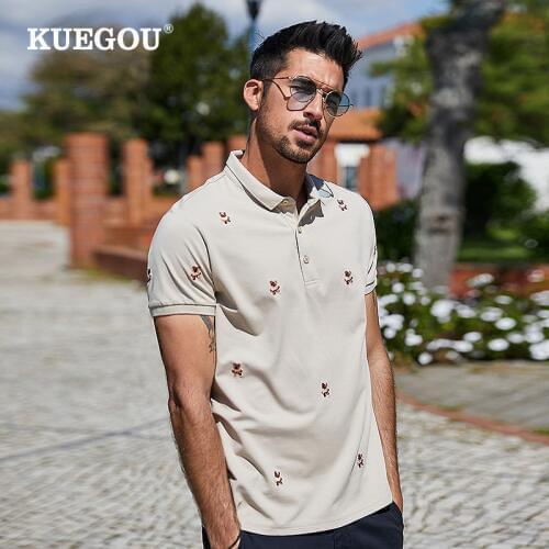 KUEGOU cotton polo shirt summer bear embroidery fashion extension men polo shirts short sleeves Apricot top plus size AT-7370